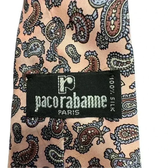 Paco Rabanne Paris Neck Tie 100% Silk Made in Italy Pink Paisley - Picture 2 of 2
